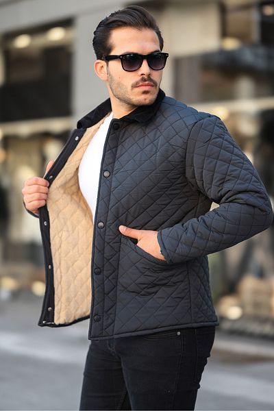 Serseri Men's Anthracite Quilted Sheepskin Snap Closure Velvet Collar Coat