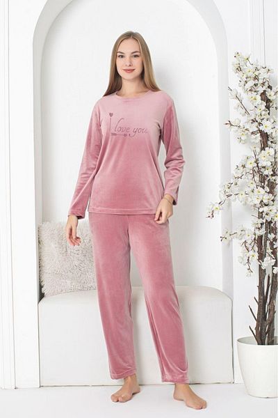 Farya Home Set de pijamale din catifea mătăsoasă Dreamy roz - mâneci în relief și adunate