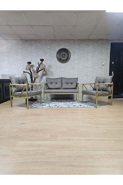 ZAFİR Gold Boyalı Bahçe - Balkon - Mutfak Çay Seti Takımı Bahçe Koltuk Takımı