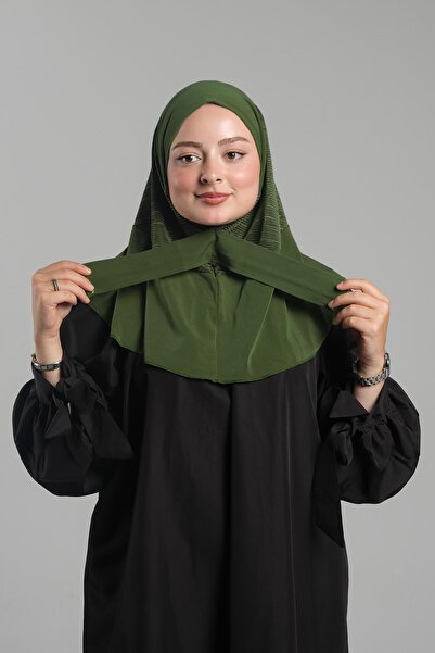 HÜRREM BONE Practical Khaki Hijab Scarf - Pleated Hijab with Back Snap Fasten...