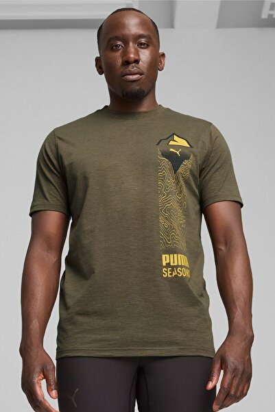 Puma Tricou pentru bărbați cu decolteu casual, cu model kaki