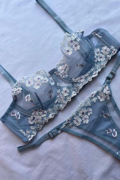Rubuvi Daisy Women - Set de sutien și chiloți din tul din dantelă cu imprimeu floral