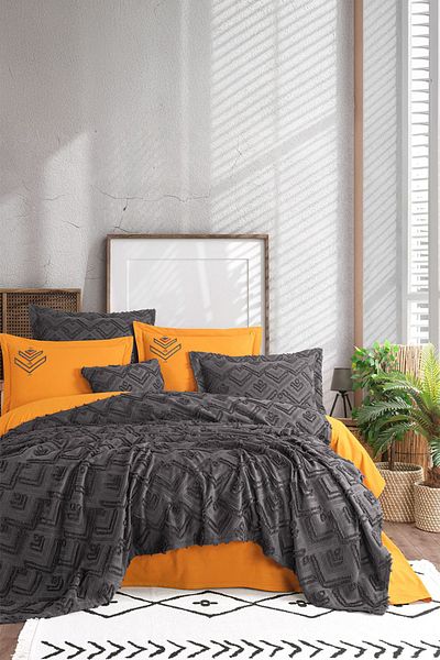 İyi Geceler İstanbul Good Night Istanbul Aztec Anthracite Double 100% Cotton Bedspread Set