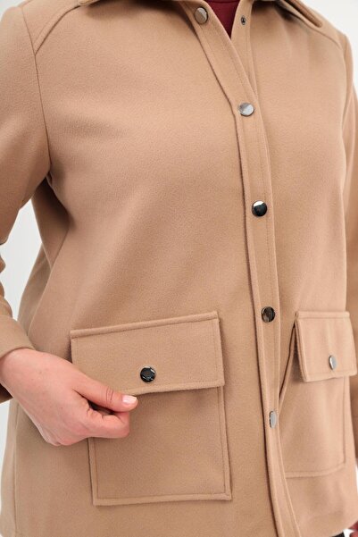 Metpoint Trend42Plus Large Size Snap Button Pocket Detailed Stamped Beige Jacket