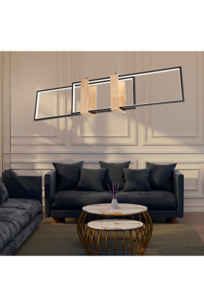 Apliqa Alena 69 Watt Siyah Dikdörtgen Ahşap Desenli Modern Salon Led Sarkıt Avize