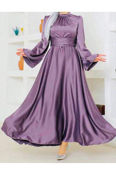 BestShopping Bat Sleeve Satin Evening Dress with Tie Waist