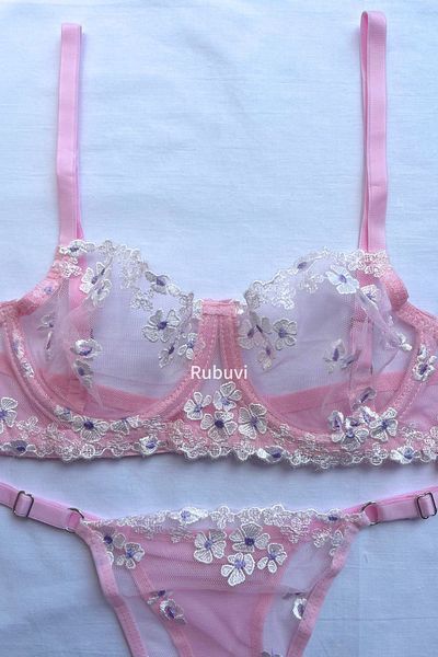 Rubuvi Daisy Women - Set de sutien și chiloți din tul din dantelă cu imprimeu floral