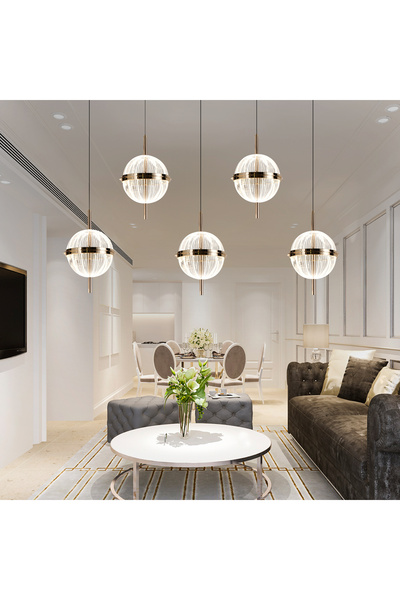 Apliqa Loret 5'li Sıralı 60 Watt Gold Kristalli Modern Salon Yemek Masası Üstü Sarkıt Led Avize