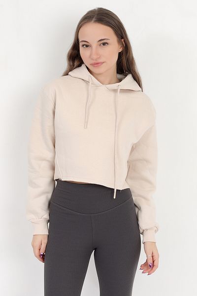 GİYSA Beige Oversize Crop Sweatshirt with Hood - Rib Detail, Three Rope Hoodie - 2543
