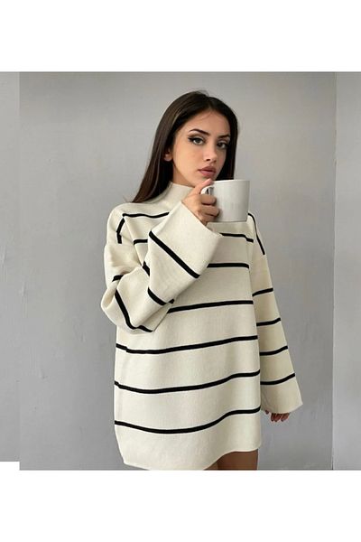 40 Adım Turtleneck Striped White Knitwear Sweater