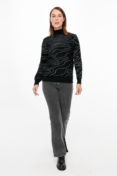 accort İp Desenli Yumoş Triko Kazak-SİYAH