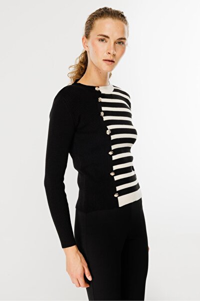 accort Çizgili Düğme Detaylı Triko Kazak-SİYAH