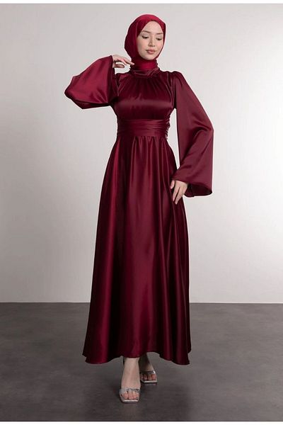 BestShopping Bat Sleeve Satin Evening Dress with Tie Waist