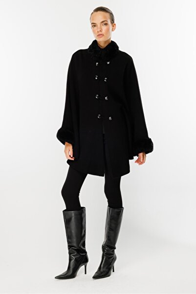 accort Yaka Kürklü Triko Panço-SİYAH