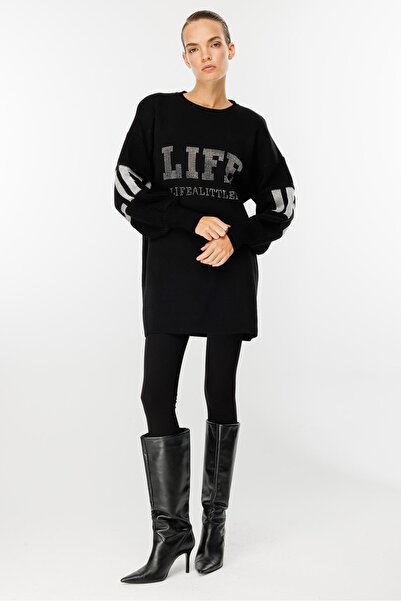 accort Önü Taşlı Yazılı Triko Tunik-SİYAH