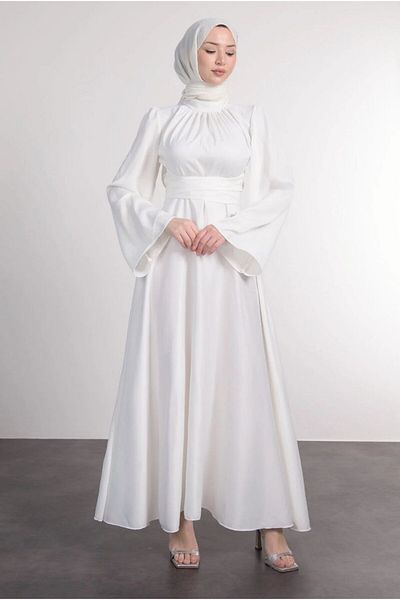 BestShopping Bat Sleeve Satin Evening Dress with Tie Waist