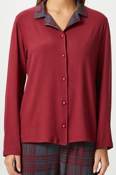 Ritnice Women's Efsa Plaid Extra Soft Burgundy Anthracite Pajama Set
