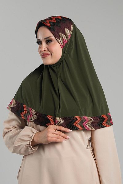 HÜRREM BONE Χακί μαντήλι Hijab - Πρακτικό, έτοιμο να κουμπωθεί, πλέγμα με μοτίβο σε άμμο 2401_09