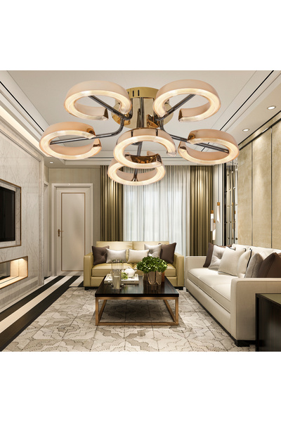 Apliqa Aster Gold 6'lı 54 Watt Plafonyer Kristal Taşlı Modern Salon Led Avize