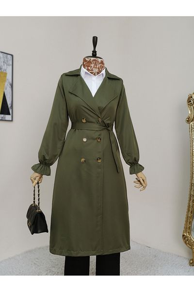 Modamorfo Trenchcoat mit doppelter Knopfmanschette und elastischer Taille – Khaki