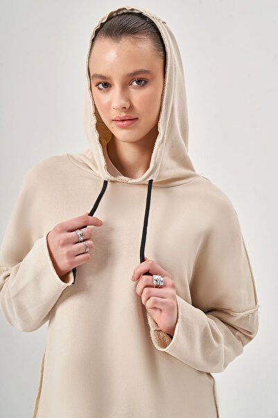 Mizalle Hooded Garnished Beige Sweatshirt