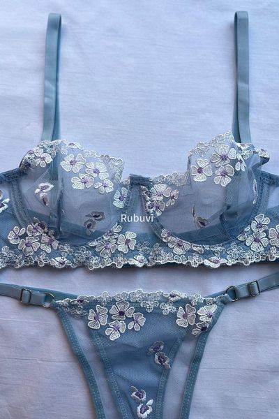 Rubuvi Daisy Women - Set de sutien și chiloți din tul din dantelă cu imprimeu floral