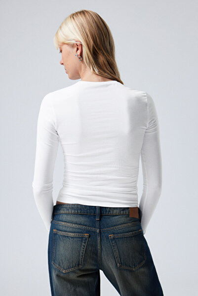 MADAM SHİLA White Body Darkalıp Slimfit Cotton Long Sleeve Crew Neck Blouse Crew Neck Interlock Blouse