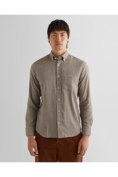 Gant Erkek Bej Regular Fit Düğmeli Yaka Kareli Gömlek