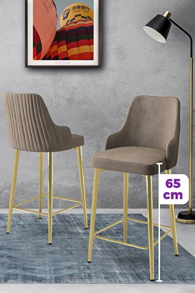 Canisa Tera Serisi 1 Adet Babyface Kumaş 65 cm Gold Kaplama Ayaklı Cappucino Bar Sandalyesi