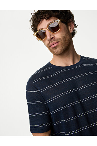 Marks & Spencer Kısa Kollu Çizgili Saf Keten T-Shirt