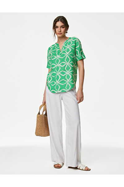 Marks & Spencer Kısa Kollu Desenli Saf Keten Popover Bluz
