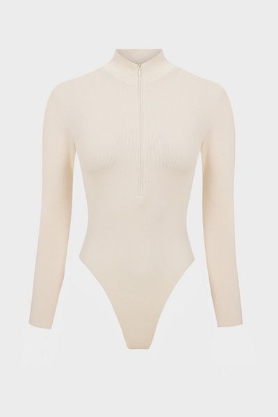 IAMNOTBASIC Women's Stand Collar Zippered Bodysuit - Off White