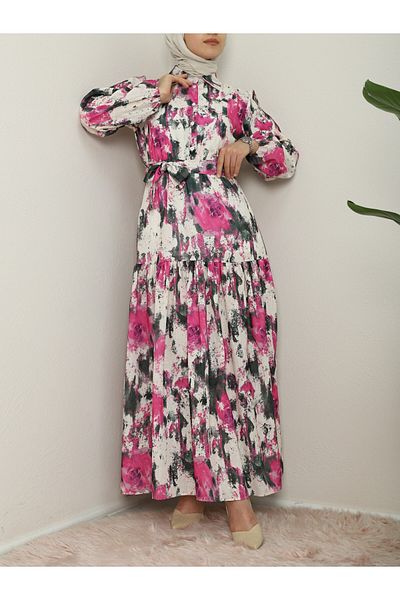 Modamorfo Φόρεμα Tie Dye εμπριμέ με ζώνη από σπαστό λινό - φούξια
