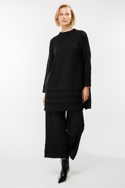 accort Şerit Desenli Triko Tunik Pantolon Takım-SİYAH