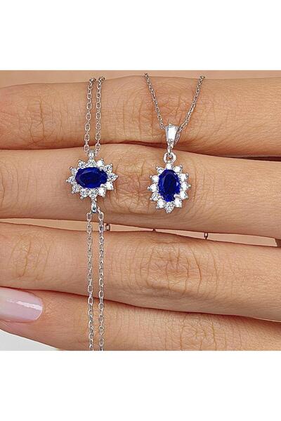 Mia Vento Pırlanta Montür Sentetik Oval Safir Gümüş İkili Set