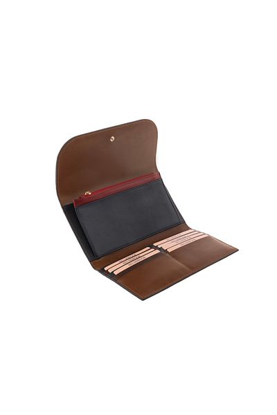 HELMBROOK Charlotte Women - Голям кожен портфейл с RFID защита и цип, цвят кафяво-тъмносин