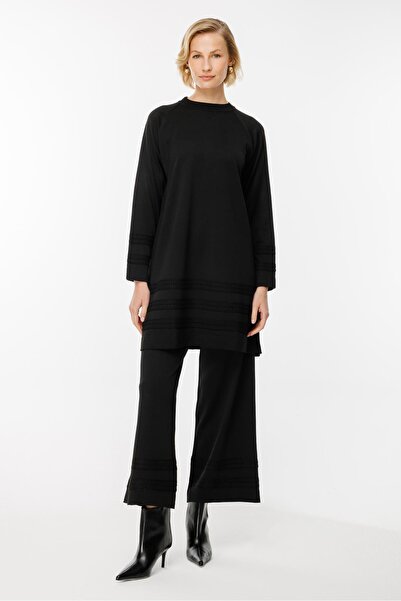 accort Şerit Desenli Triko Tunik Pantolon Takım-SİYAH