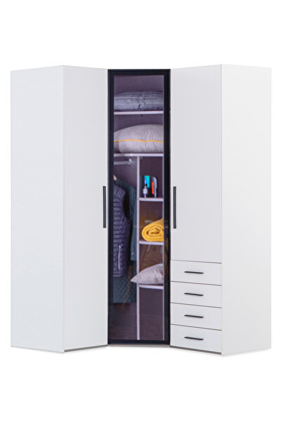 benim odam Atlas White 3 Kapılı Çekmeceli Cam Kapaklı Köşe Dolap Genç / Çocuk Odası 808