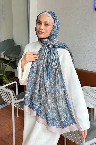 lamelif.com Μπεζ μπλε ρετρό μοτίβο βαμβακερό σάλι
