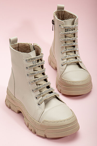 FRAPAN SOULYE Kız Çocuk Bot Fermuarlı Bağcıklı Rahat Taş Kaplamalı Bağcık Bej Renk Ortopedik Yeni Sezon