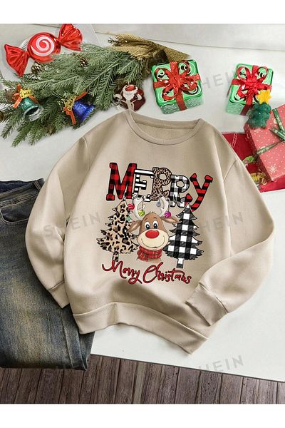 Black Sokak Beige Oversize Sweatshirt - Merry Christmas Printed, Crew Neck