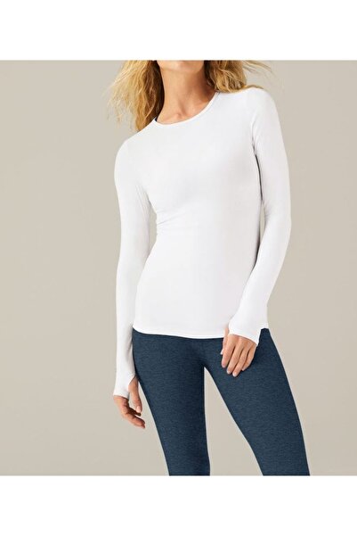 MADAM SHİLA White Darkalıp Slimfit Soft Touch Long Sleeve Crew Neck Finger Snap Sport Bodysuit