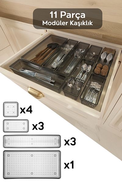 Meleni Home Комплект модулни държачи за лъжици, 11 части, антрацитен - регулируемо кухненско чекмедже и органайзер