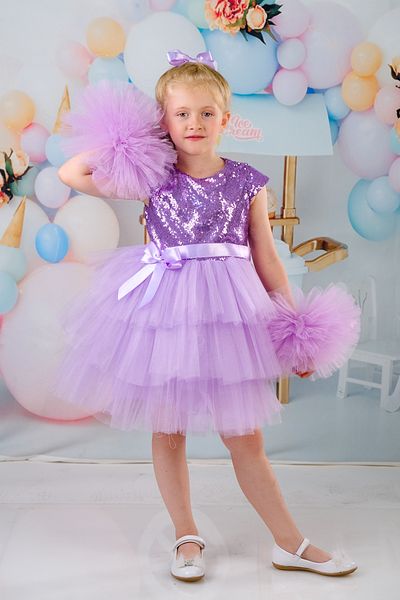 DAFİTO KİDS Rochie de seară de aniversare pentru fetiță cu mâneci pompon liliac