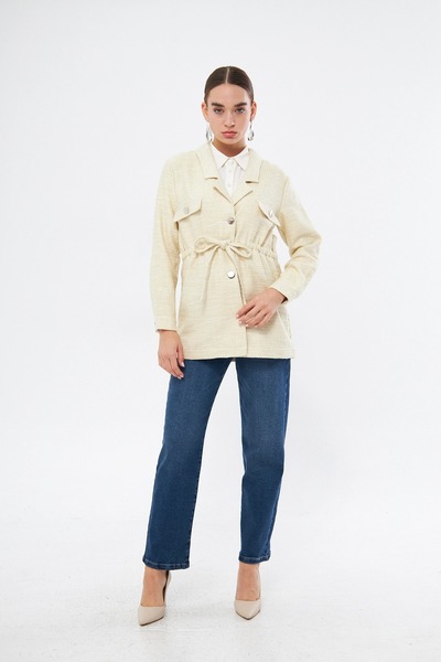 Mizalle Beli Bağcıklı Ekru Ceket