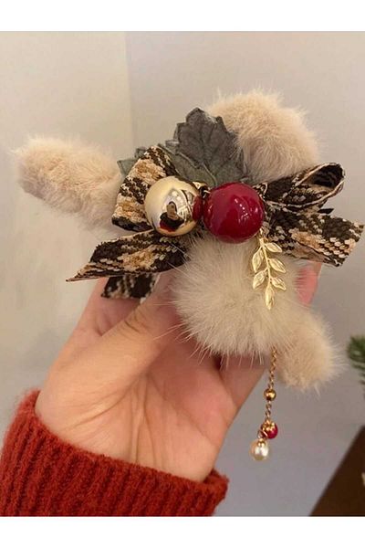 REBORN DESIGN Brown Colored Houndstooth Ribbon Detailed Dangle Plush Christmas Peg Buckle