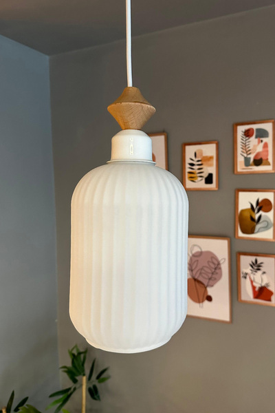 Bamyum Wingmn Beyaz Cam Tekli Avize Ahşap Q Başlık Retro Sarkıt Lamba Restora...