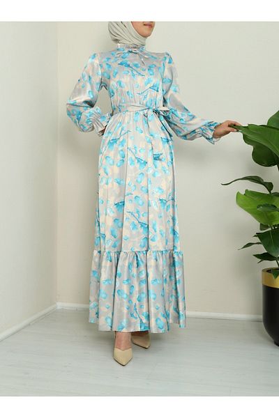 Modamorfo Rochie din satin de matase - guler salata, model cu piese, albastru