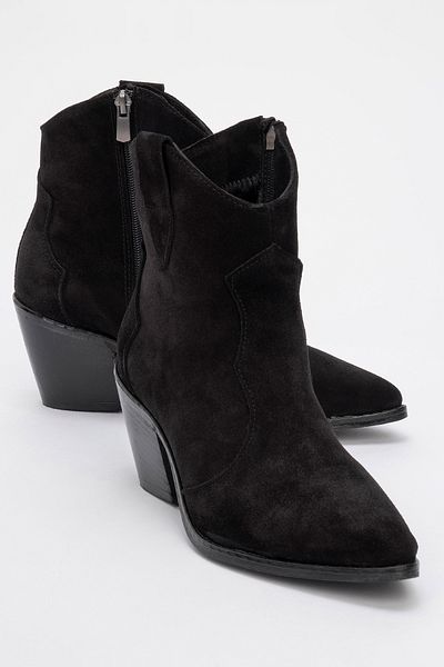 LuviShoes Γυναικείες μπότες με χοντρό τακούνι VALVIA Black Suede από γνήσιο δέρμα με φερμουάρ