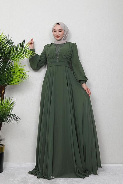 GİZ AGİYİM Light Khaki Wormwood Chiffon Stone Evening Dress